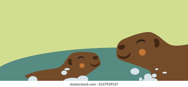 Capybaras lavagem em água, composição simples, ilustração de stock vetor plana com capybaras bonitos ou modelo de espaço de cópia