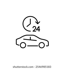 Car and 24 hour clock. 24 hour road assistance, car rent and constant mobility. Pixel perfect vector icon