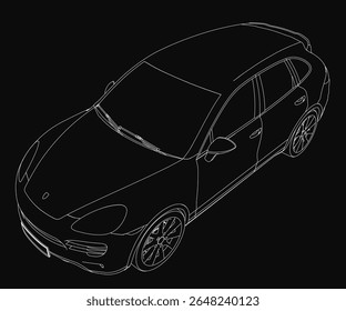 Car 3D blueprint showcases sleek contours and detailed features against a black background. The high-resolution model highlights the car's aerodynamic design, hybrid.