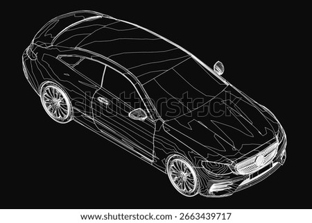Car 3D wireframe model showcases sleek contours and detailed design on a black background. The transparent structure highlights precise engineering and aerodynamic shape.