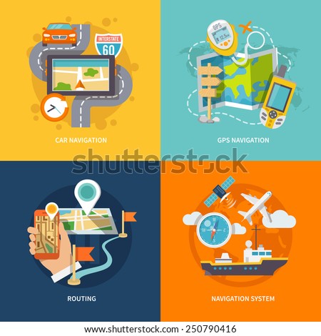 Car 60 Route map and GPS navigation system device 4 flat icons composition abstract isolated vector illustration