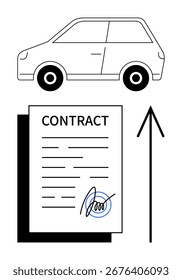 Auto über unterzeichneten Vertrag und Pfeil nach oben. Ideal für Geschäftsvereinbarungen, Vertrieb, Kredite, juristische Dokumente, Wachstumserfolg Professionalität. Linienmetapher. Linienmetapher. Einfache Liniensymbole