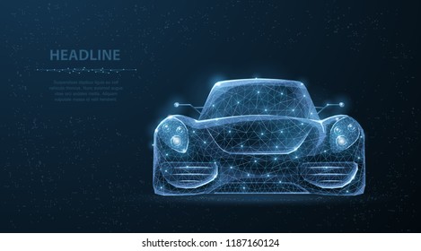 Car. Abstract 3d polygonal wireframe low poly sport car on blue night sky with stars. Speed, drive, fast race auto style, power concept vector illustration or background