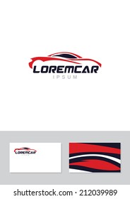 Car abstract lines vector logo design concept with business card template. Concept for automobile repair service, spare parts store.