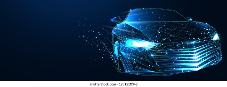 Car. Abstract Vector 3d Modern Car. Isolated On Dark Blue Background. Digital Futuristic Polygonal Low Poly Mesh Illustration