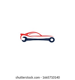 Car abstract vector logo design. Auto service icon with wrench. Car repair and auto parts theme.