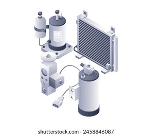 Car AC parts infographic system, flat isometric 3D illustration