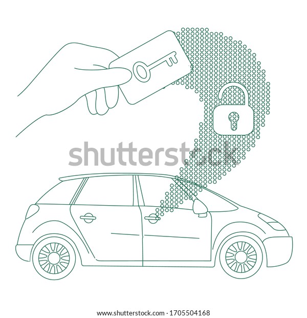 Car\
access, keyless lock thin line concept vector illustration. Door\
unlock card, person with electronic key 2D cartoon character for\
web design. RFID, vehicle alarm system creative\
idea