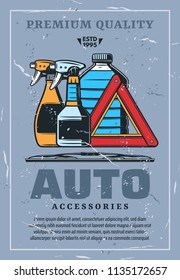 Car accessories and cleaning chemical means retro poster. Auto waterless sprayers and bottle of antifreeze, canister and give way or stop sign and janitors. Vehicle repairing and parts shop vector