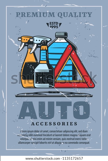 Car accessories and cleaning chemical means retro
poster. Auto waterless sprayers and bottle of antifreeze, canister
and give way or stop sign and janitors. Vehicle repairing and parts
shop vector