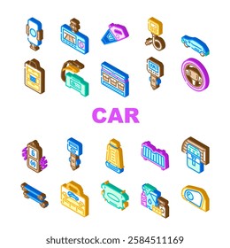 car accessories floor mats seat icons set vector. covers, dashcam gps, roof rack spoiler, tint rims, subwoofer, charger, organizer car accessories floor mats seat isometric sign illustrations