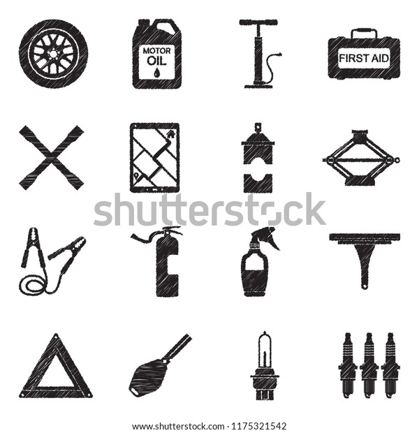 Car Accessories Icons. Black Scribble\
Design. Vector\
Illustration.