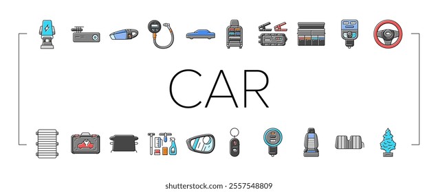 car accessories seat cover icons set vector. phone mount, dash cam, vacuum cleaner, tire pressure gauge, freshener car accessories seat cover color line illustrations