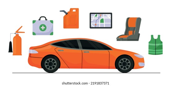Car accessories set. Collection of inventory for modifying modern vehicle. Transport development, graphic elements for website. Cartoon flat vector illustrations isolated on white background svg