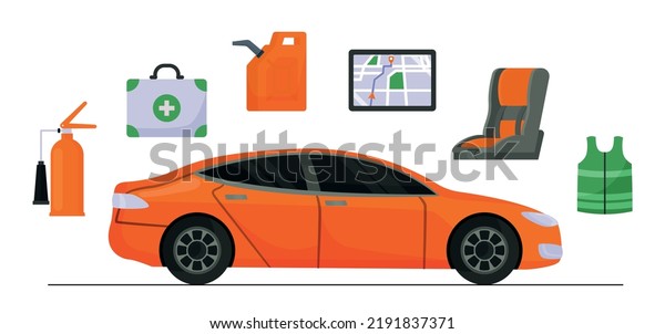 Car accessories set. Collection of inventory\
for modifying modern vehicle. Transport development, graphic\
elements for website. Cartoon flat vector illustrations isolated on\
white background