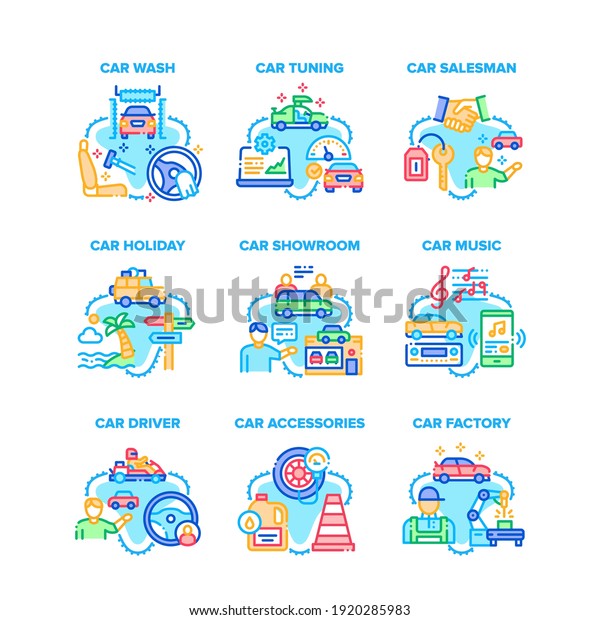 Car\
Accessories Set Icons Vector Illustrations. Car Tuning And Factory,\
Salesman In Showroom And Holiday Travel, Wash And Repair Station,\
Music Media And Driver Color\
Illustrations