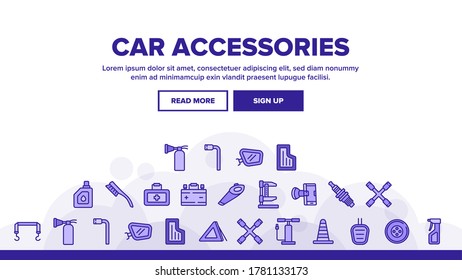 Car Accessories Tool Landing Web Page Header Banner Template Vector. Car Battery And Brush, Vacuum Cleaner And Jack, Wrench And Pump, Mirror And Mat Illustrations