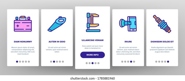 Car Accessories Tool Onboarding Mobile App Page Screen Vector. Car Battery And Brush, Vacuum Cleaner And Jack, Wrench And Pump, Mirror And Mat Illustrations