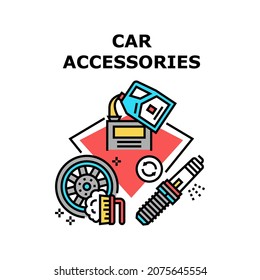Car Accessories Vector Icon Concept. Engine Candle Detail, Oil Canister Package And Washing Liquid For Wash And Clean Automobile Tire And Disc, Car Accessories For Transport Care Color Illustration
