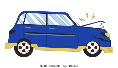 Car accident 2D linear cartoon object. Damaged vehicle side view isolated line vector element white background. Distracted driving transport. Front end damage automobile color flat spot illustration