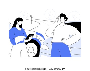 Ilustración vectorial de concepto abstracto de accidentes de automóvil. Los coches colisionaron en la carretera, el transporte personal dañado y roto, la avería de los automóviles, la ayuda de emergencia, la metáfora abstracta de colisión de tráfico.