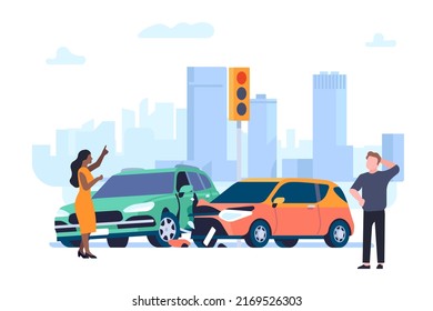 Car accident. Auto collision. Crashed vehicles at urban crossroads. Arguing people. City road traffic. Broken automobiles with bumpers deformation. Transport insurance