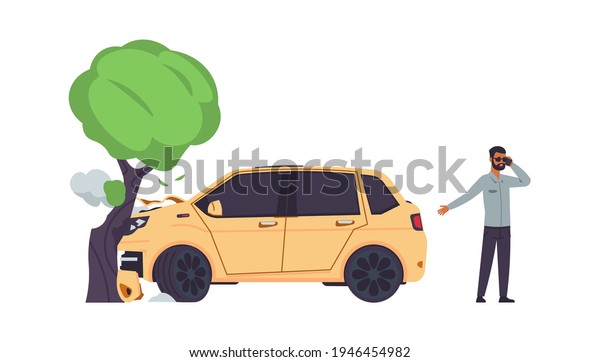 Car\
accident. Automobile crashes into tree. Man talking on smartphone.\
Angry driver calling tow truck. Broken vehicle with damaged hood.\
Vector collision of transport with plant\
trunk