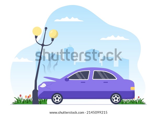 Car\
Accident Background Illustration with Two Cars Colliding or Hitting\
Something on the Road Causing Damage in Flat\
Style