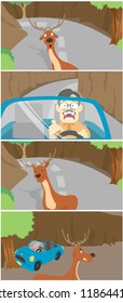 car accident because of a deer along the road cartoon illustration