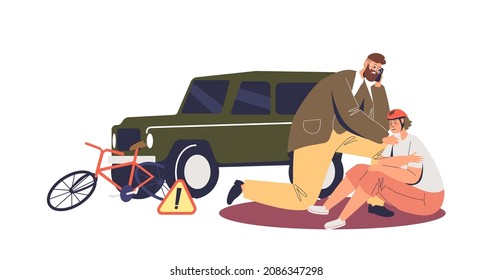 Car accident with bicycle on road. Driver checking injured and collision cyclist. Safety of transportation and vehicle crash scene concept. Cartoon flat vector illustration