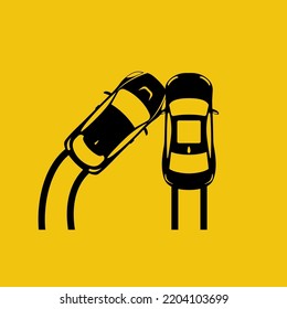 Car accident black icon. Two crash cars top view. Transport incident, simple silhouette. Vector illustration flat design. Two vehicle collided on road. Violation of driving safety rules.