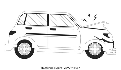 Car accident black and white 2D line cartoon object. Damaged vehicle side view isolated vector outline item. Distracted driving transport. Front end damage auto monochromatic flat spot illustration