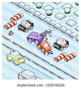 Car accident blocked by police on highway covered in snow during heavy snowfall (vector cartoon)