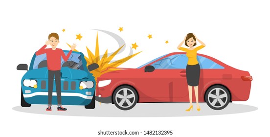Car accident. Broken automobile on the road, emergency situation. People in panic looking at the broken auto. Isolated vector illustration in cartoon style