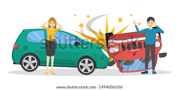 Car accident. Broken\
automobile on the road, emergency situation. People in panic\
looking at the broken auto. Isolated vector illustration in cartoon\
style
