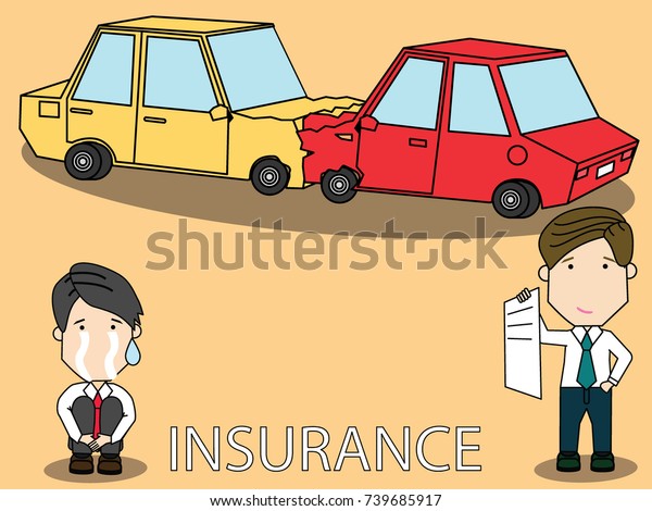 Car accident bumping and another man cry\
for case. Another man show guaranty insure and no worries for case.\
Funny vector\
cartoon.\
\
\
