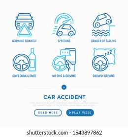 Car accident causes thin line icons set: drunk driving, car insurance, falling in water, warning triangle. Modern vector illustration. 