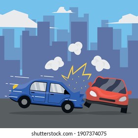 Accidente automovilístico con antecedentes de ciudad. Dos coches chocando ilustración vectorial