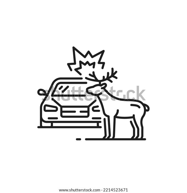 Car accident, collision or crash on road thin line\
icon. Automobile damage in road crash, car driving safety outline\
sign. Traffic violation thin line vector pictogram with car hitting\
deer animal