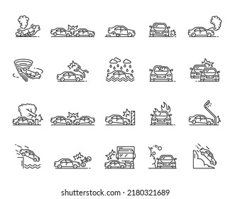 Car accident, collision and damage in natural disaster thin line icon set. Vehicle accident, traffic rules violation or automobile damage in road crash insurance cover outline vector sign or pictogram - Shutterstock ID 2180321689