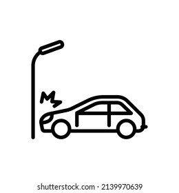 Accidente automovilístico. Colisión de coche con Lamppost. Signo vectorial de estilo simple aislado en fondo blanco.