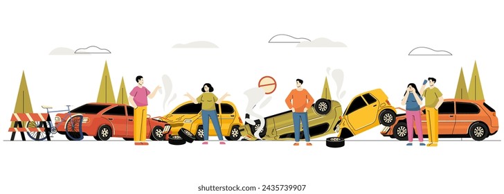 Car accident concept. Cartoon man driver calling for help after car crash, vehicle insurance service, road safety and traffic accident. Vector illustration of accident auto
