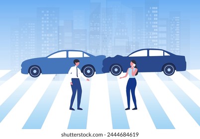 Car accident concept, crashing cars on the street, woman calling to insurance agent for calming car accident vector illustration