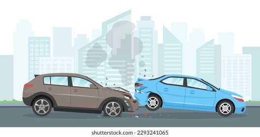 Car accident concept. Gray car crashed into blue vehicle, accident in urban area. Crash at road, traffic. Danger and damage, risk. Broken automobiles. Cartoon flat vector illustration