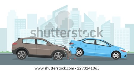 Car accident concept. Gray car crashed into blue vehicle, accident in urban area. Crash at road, traffic. Danger and damage, risk. Broken automobiles. Cartoon flat vector illustration