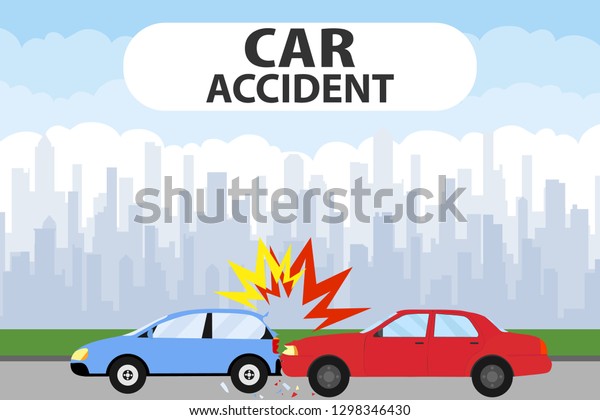 Car accident concept illustration. Car\
Accident on the road. Transporation Infographic. Banner Flat Vector\
Illustration.