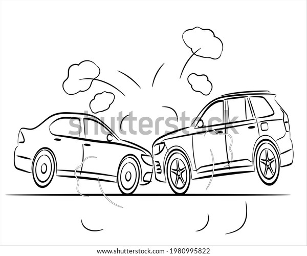 Car accident concept\
illustration. Sedan and suv car abstract silhouette on white\
background