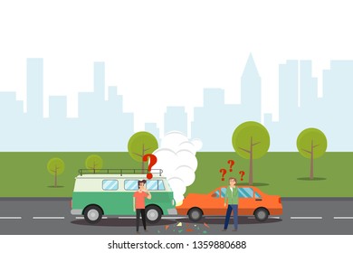 Car accident concept illustration. Two cars crashed on the road, suffered moderate damage. Car Accident on the road.