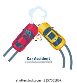 Car accident concept. Two crash cars top view. Transport incident, cartoon style. Vector illustration flat design. White background. Two vehicle collided on road. Violation of driving safety rules.