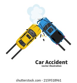 Car accident concept. Two crash cars top view. Transport incident, cartoon style. Vector illustration flat design. White background. Two vehicle collided on road. Violation of driving safety rules.